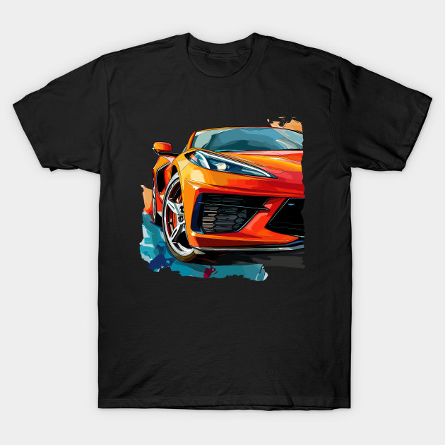 Amplify Orange C8 Corvette Graphic Big and Bold on Front and Back of T shirt Supercar Racecar C8 Corvette by Tees 4 Thee